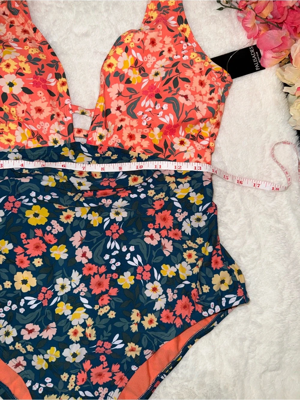 Floral Two-Tone One-Piece Swimsuit - Coral & Navy